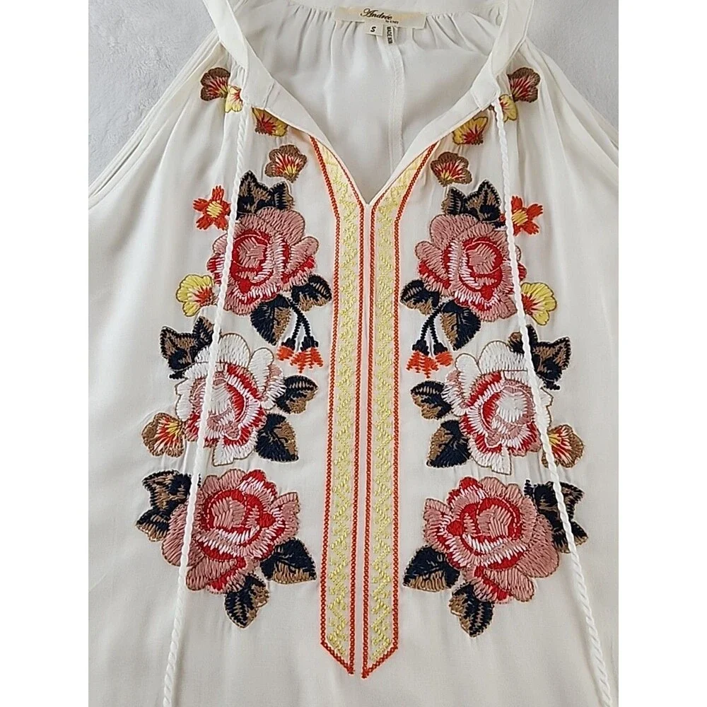 Andree by Unit Floral Embroidered Tank Top Size Small White Boho Hippie Festival - Picture 3 of 7